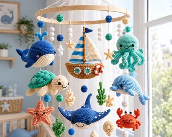 Ocean Baby Mobile Crochet Pattern, Sea Animals Amigurumi Mobile PDF, Whale Octopus Turtle Crab Sailboat Nursery Decor, Crochet Baby Gift