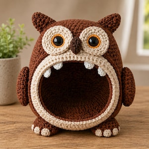 May include: A brown crocheted owl-shaped storage basket with large, round eyes, a beige beak, and white teeth. The owl has a wide opening for storage and is sitting on a wooden surface. The owl's eyes have black pupils and orange accents.