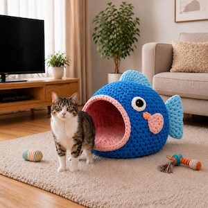 May include: A blue crochet cat bed shaped like a fish, with a pink interior and a white eye. A tabby cat stands in front of the bed. A small toy is on the carpet.