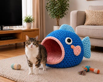 Crochet Fish Cat Cave Pattern PDF | Cozy Cat Bed Crochet Tutorial | Amigurumi Pet House | Modern Cat Cocoon Digital Download