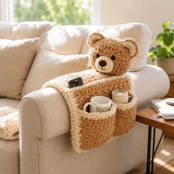 Padrão de crochê em PDF para organizador de sofá em formato de urso | Organizador para braço de sofá | Tutorial de decoração aconchegante para casa