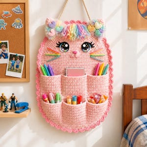 May include: A pink crochet wall organizer shaped like a cat with rainbow accents. The organizer has multiple pockets filled with pens, markers, and other supplies. The cat's face features large eyes and a pink nose, with a rope for hanging.