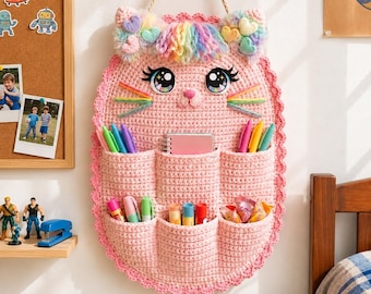 Crochet Cat Wall Organizer Pattern PDF, Kitty Pocket Storage Crochet Pattern, Cute Hanging Cat Organizer, Kawaii Home Decor DIY