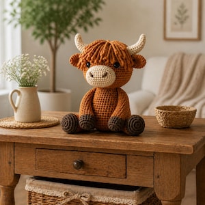 May include: A handmade crochet Highland cow plush toy. The toy features a brown body, dark brown hooves, and a light beige face. It has a shaggy, orange-brown fringe and cream-colored horns. The cow is sitting on a wooden table.