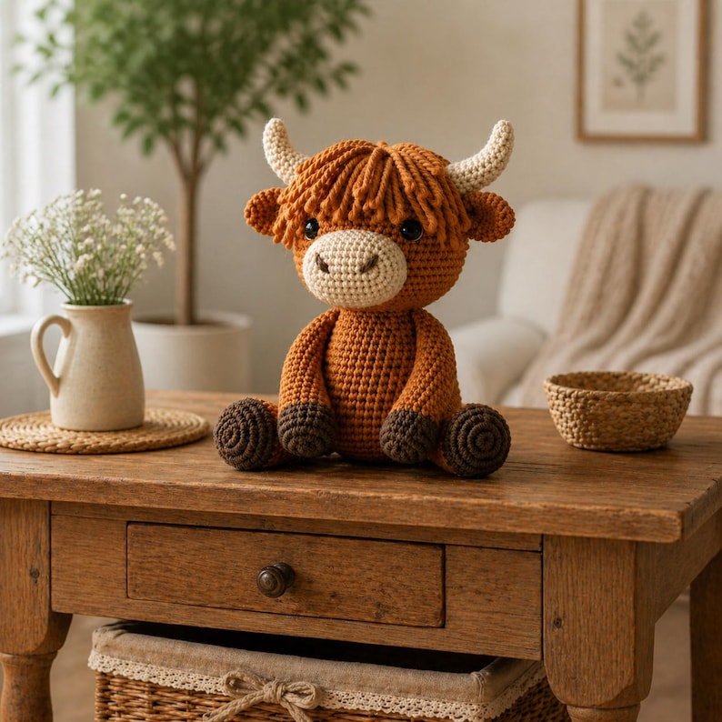 May include: A handmade crochet Highland cow plush toy. The toy features a brown body, dark brown hooves, and a light beige face. It has a shaggy, orange-brown fringe and cream-colored horns. The cow is sitting on a wooden table.