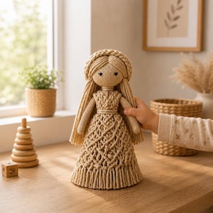 Peut inclure: Poupée en macramé beige avec de longs cheveux et une couronne tressée. La poupée porte une robe avec un motif tissé détaillé et un ourlet à franges. La poupée mesure environ 30 cm de haut, un article artisanal fait à la main.