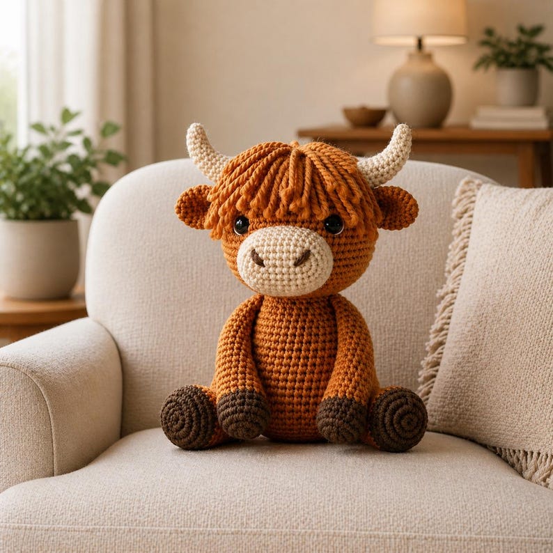 May include: A handmade crochet Highland cow plush toy. The plush features a light brown body, dark brown hooves, and a shaggy orange mane. It has small black eyes, a beige muzzle, and curved horns. The toy is sitting on a cream-colored armchair.