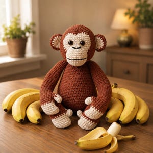 Op de afbeelding: Een handgemaakte bruin en crème gehaakte aap pop met een lachend gezicht, zittend op een houten tafel naast verschillende rijpe bananen. De aap heeft een gedetailleerd ontwerp met zichtbare steken en een vriendelijke uitdrukking.