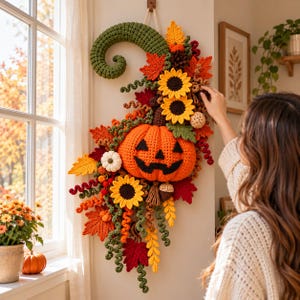 Puede incluir: Un adorno de pared tejido a ganchillo con una calabaza naranja central tipo jack-o'-lantern, rodeada de girasoles amarillos, hojas de arce rojas y naranjas, enredaderas verdes rizadas y pequeños detalles decorativos en blanco y marrón.