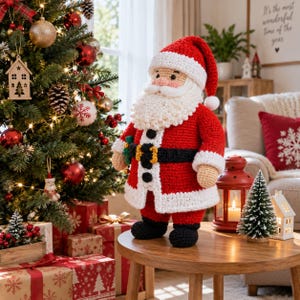 May include: A crocheted Santa Claus doll featuring a red coat with white trim, a black belt with a yellow buckle, and black boots. The figure has a thick white beard, a matching red hat with a white pom-pom, and tan skin tones, standing on a wooden table.