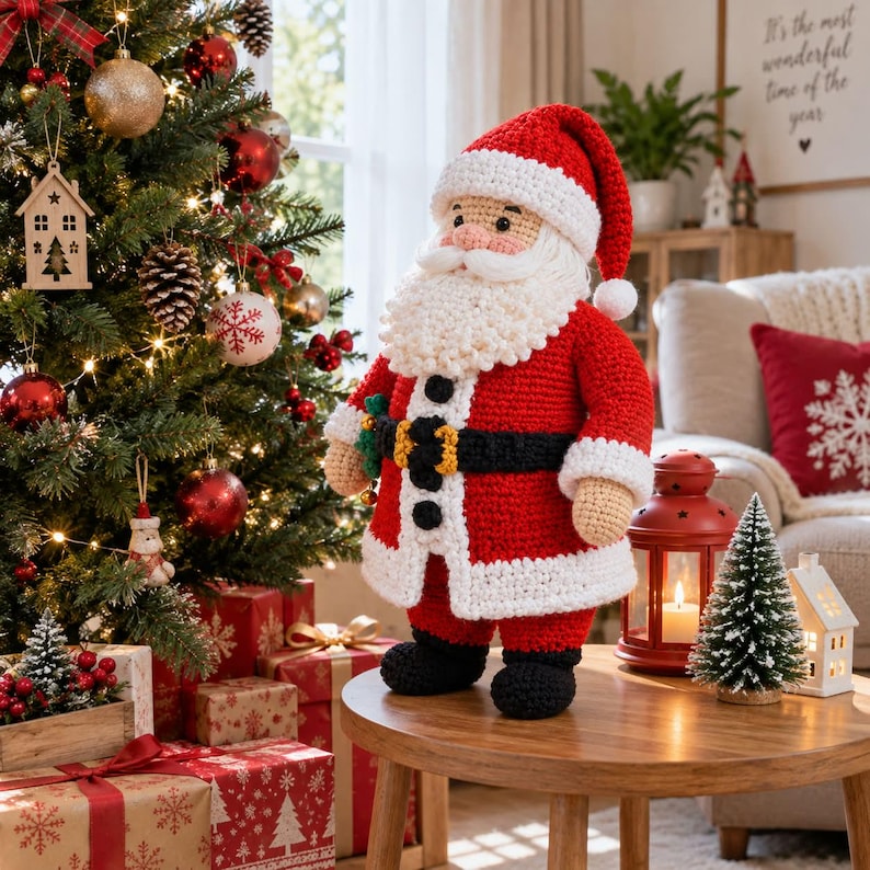May include: A crocheted Santa Claus doll featuring a red coat with white trim, a black belt with a yellow buckle, and black boots. The figure has a thick white beard, a matching red hat with a white pom-pom, and tan skin tones, standing on a wooden table.