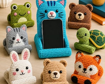 Animal Crochet Phone Holder Pattern, Crochet Phone Stand, Cat Bear Bunny Fox Frog Turtle, Cute Desk Decor, Amigurumi PDF Pattern