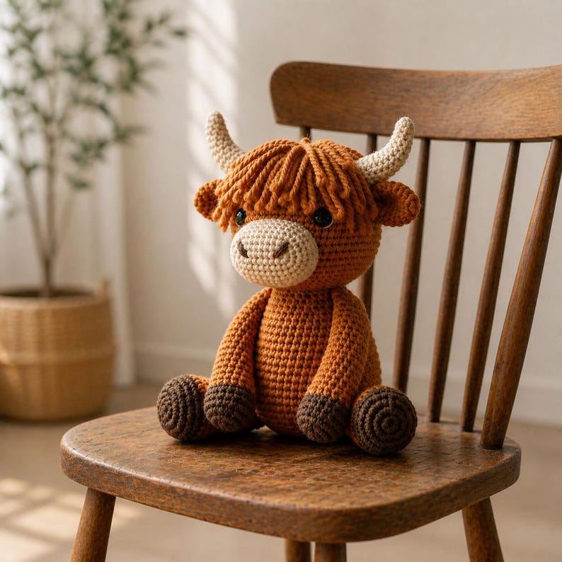 May include: A crocheted Highland cow plush toy with a light brown body, dark brown hooves, and a shaggy, orange-brown mane. The toy has beige horns and a beige muzzle. It sits on a wooden chair.