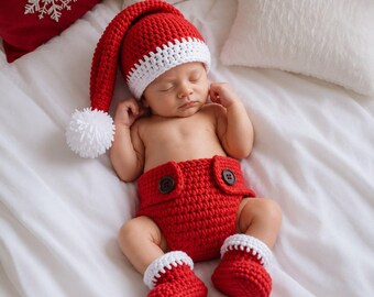Baby Santa Outfit Crochet Pattern PDF, Newborn Christmas Photo Prop, Crochet Hat Diaper Booties Set, Digital Download