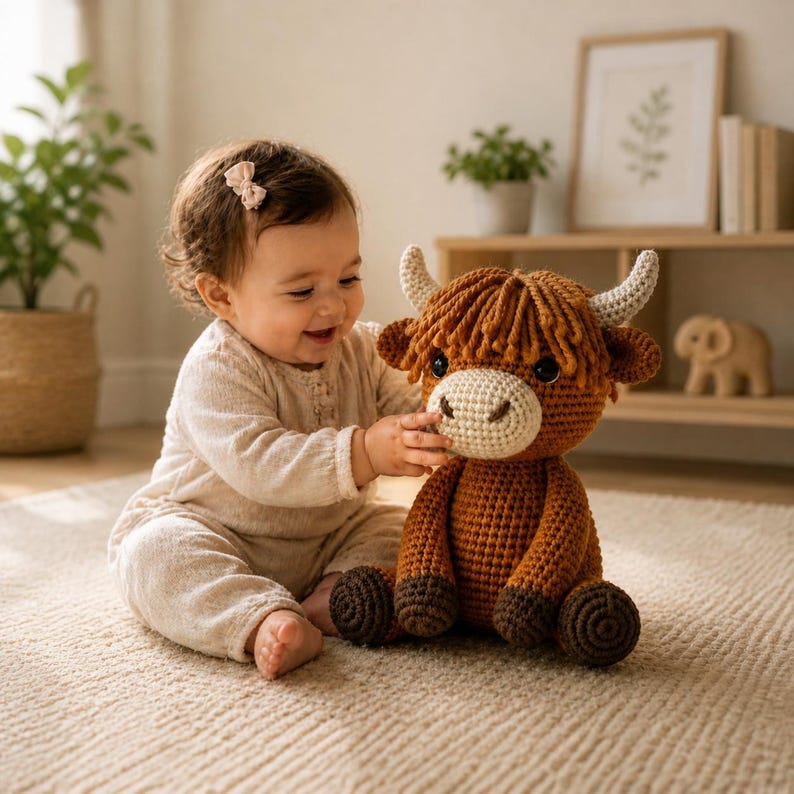 May include: A crocheted Highland cow plush toy with brown and tan yarn. The toy has a cream-colored muzzle, white horns, and dark brown eyes. The plush is sitting on a beige carpet.