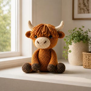 May include: A handcrafted crochet Highland cow plush toy. The toy features a light brown body, dark brown hooves, and a tan muzzle. It has small, black eyes and cream-colored horns. The plush is sitting on a white surface near a window.