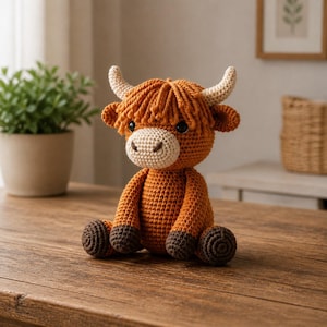 May include: A handmade crochet Highland cow plush toy. The plush features a light brown body, dark brown hooves, and a shaggy, orange-brown mane. It has small, cream-colored horns and a light beige muzzle. The toy is sitting on a wooden surface.
