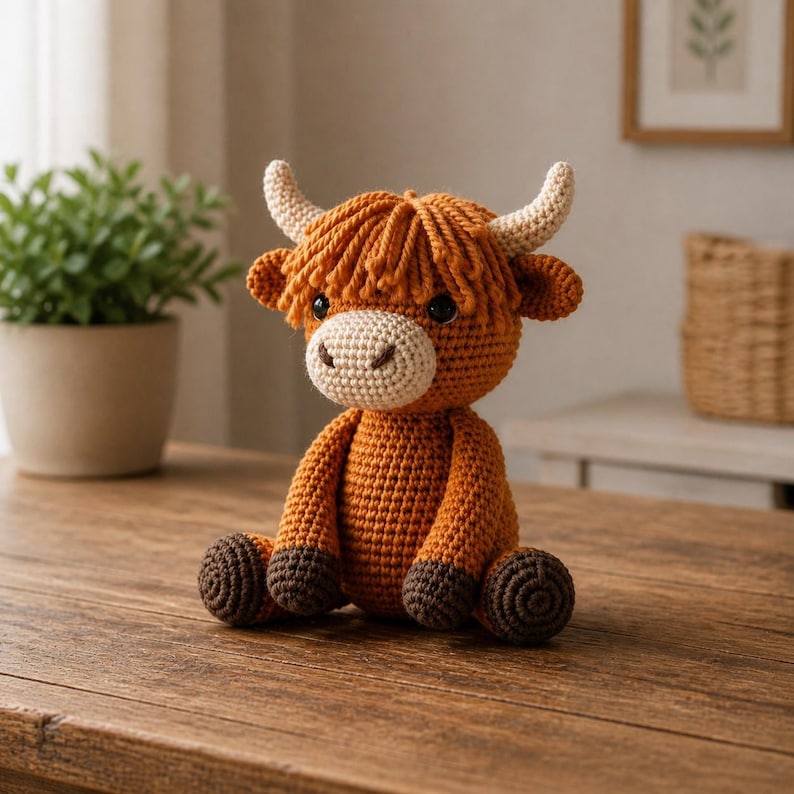May include: A handmade crochet Highland cow plush toy. The plush features a light brown body, dark brown hooves, and a shaggy, orange-brown mane. It has small, cream-colored horns and a light beige muzzle. The toy is sitting on a wooden surface.