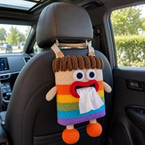 Haakpatroon voor een monster tissuehouder (PDF) | Regenboog tissueboxhoes voor in de auto | Grappige autoaccessoires | Hangende stoelorganizer