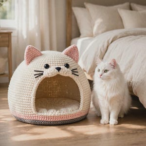 May include: A cream-colored, dome-shaped crochet pet bed designed to resemble a cat head, featuring pink-lined ears, black button eyes, a small black nose, and embroidered whiskers, with a grey base and a soft, plush interior cushion.