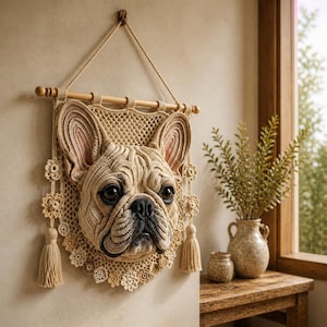 May include: A beige crochet wall hanging featuring a French Bulldog's head. The dog's face is detailed with dark eyes and a black nose. The piece is adorned with floral accents and tassels, and is suspended from a wooden rod.