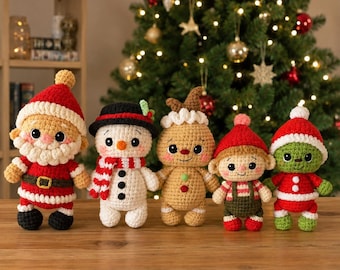 Christmas Crochet Amigurumi Pattern Bundle, Santa Snowman Gingerbread Elf Grinch Crochet Patterns, Holiday Doll PDF, Instant Download