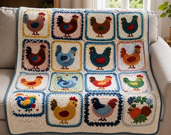 Chicken Crochet Blanket Pattern PDF, Farmhouse Granny Square Blanket, Rooster Crochet Pattern, Country Kitchen Decor, Bird Afghan Pattern