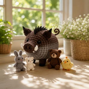 Puede incluir: Colección de juguetes de animales hechos a mano con ganchillo, que incluyen un gran jabalí marrón y gris, un conejito gris, un oso blanco, un oso marrón y un pollito amarillo. Los juguetes están colocados sobre una superficie clara cerca de una ventana.