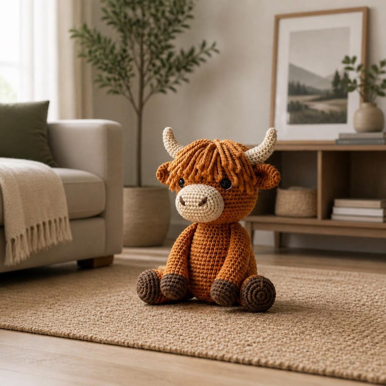 May include: A handmade crochet Highland cow plush toy. The toy features a light brown body, dark brown hooves, and a cream-colored face and horns. The cow is sitting on a woven rug in a living room setting.