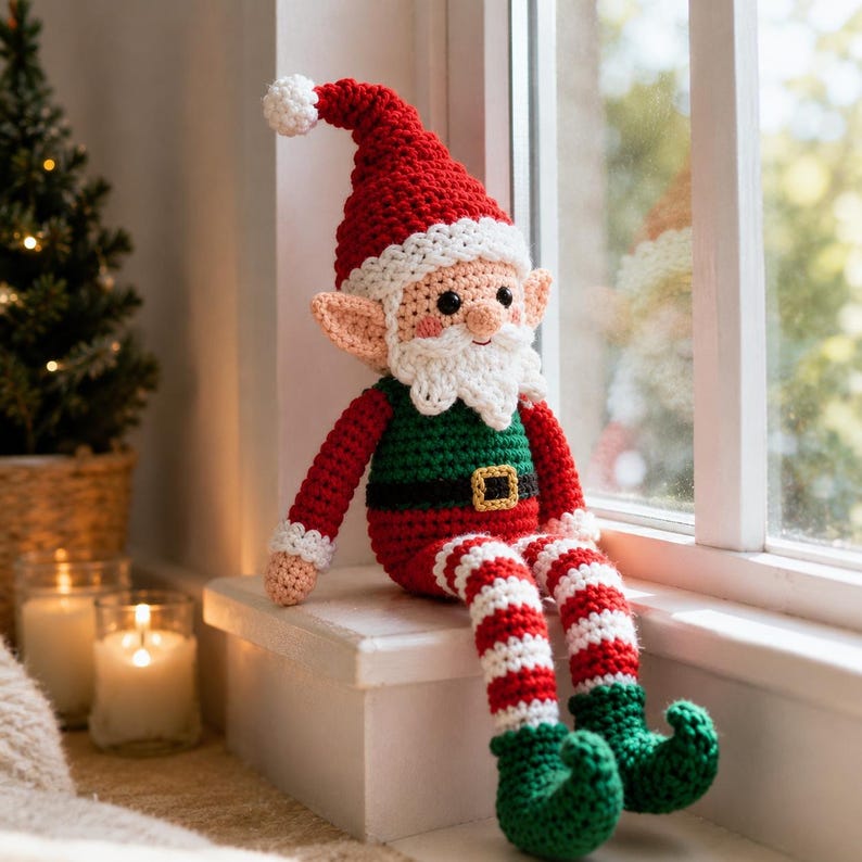 May include: A crocheted Santa elf doll featuring a red pointed hat with a white pom-pom, a white beard, a green torso with a black belt and gold buckle, and red and white striped legs ending in green curled shoes with pointed toes.