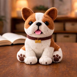 May include: A crochet dog toy in white, brown, and tan. The dog has a brown collar with a bone-shaped tag and a pink tongue. The toy is sitting on a wooden surface.