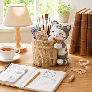 May include: A crochet cat figurine with a bell collar leans against a woven basket filled with pens, pencils, and paintbrushes. A notebook with a cat sketch and sticky notes sits open on a wooden desk, next to a cup of tea and a lamp.