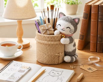 Tuxedo Cat Pen Holder Crochet Pattern PDF, Cute Kitty Desk Organizer, Cat Crochet Basket, Crochet Hook Holder, Kawaii Office Decor