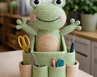 Frog Crochet Sofa Arm Organizer Pattern PDF | Cute Couch Armrest Caddy with Pockets | Amigurumi Frog Storage | Beginner Crochet Pattern
