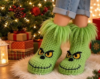 Grinch Crochet Slippers Pattern, Christmas Crochet Socks Pattern, Grinch Footwear PDF, Holiday Slippers Pattern, Crochet Gift Pattern