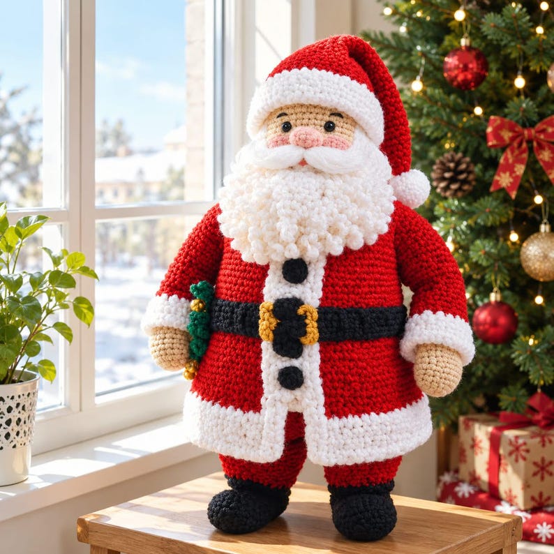 May include: A handcrafted crochet Santa Claus doll featuring a red suit with white trim, a black belt with a gold-colored buckle, and black boots. The figure has a textured white beard, a matching red hat with a white pom-pom, and tan skin.