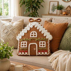 May include: A brown gingerbread house-shaped throw pillow featuring white crocheted icing details, a small brown button door handle, green vine accents, and red heart-shaped decorations along the bottom edge, topped with a crocheted bow.