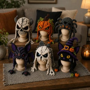 May include: Six crocheted hats displayed on mannequin heads. The collection includes a beige skull with horns, an orange pumpkin with green vines, a grey spider with multiple eyes, a purple and black bat, a white skull with a tombstone, and a black cat wearing a purple witch hat with small pumpkins.