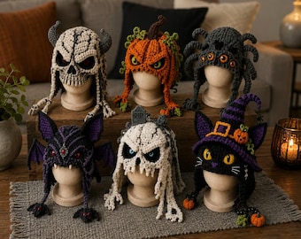 Halloween Crochet Hat Pattern Bundle, Skull, Pumpkin, Spider, Bat, Grim Reaper & Witch Cat Hats PDF, 6 Spooky Crochet Patterns