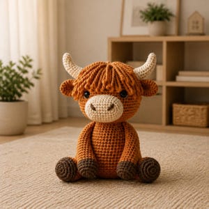 May include: A crocheted Highland cow plush toy in shades of orange, brown, and cream. The handmade stuffed animal has a shaggy mane, small horns, and a round body. The toy is sitting on a neutral-colored rug.