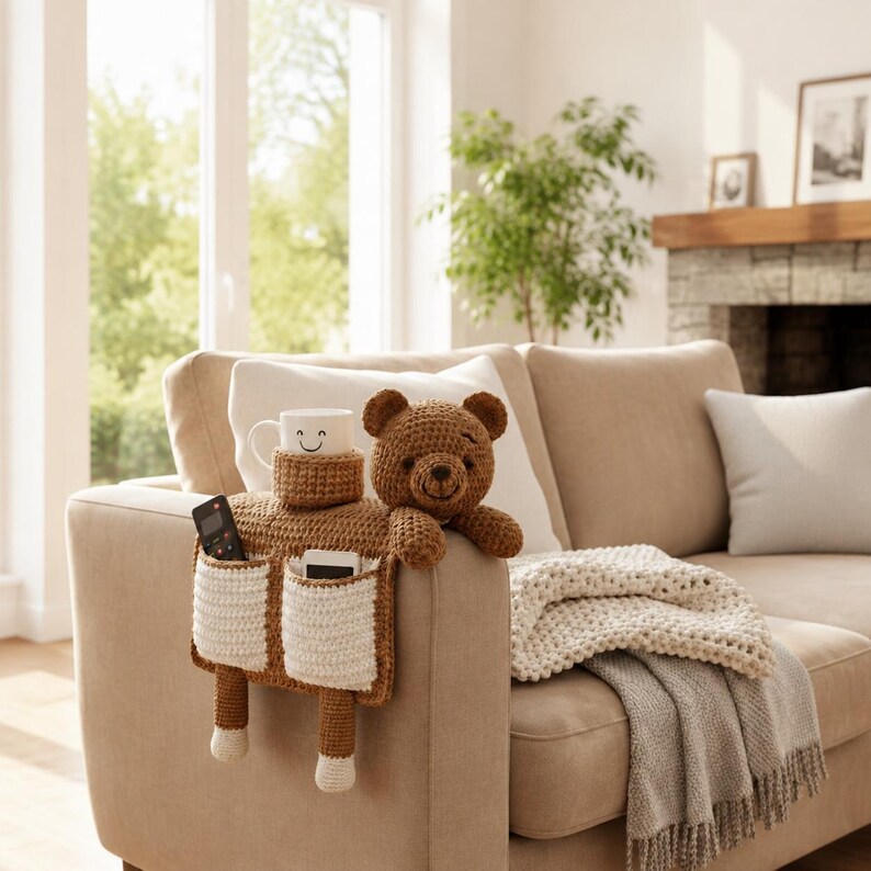 Puede incluir: Un organizador de brazo de sof&aacute; tejido a ganchillo marr&oacute;n con un dise&ntilde;o de oso de peluche. Cuenta con un portavasos, dos bolsillos y una cabeza y brazos de oso de peluche. Una taza blanca con una cara sonriente est&aacute; en el portavasos.