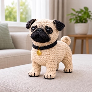 May include: A crocheted pug dog figurine in tan with black accents. The dog has a black collar with a gold-colored tag. The pug is standing on a gray surface.