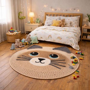 May include: A circular cat-face rug in beige, with a brown face, grey ears, and blue eyes. The rug is on a wooden floor in a child's bedroom, surrounded by toys and a bed with a rainbow-themed duvet cover.