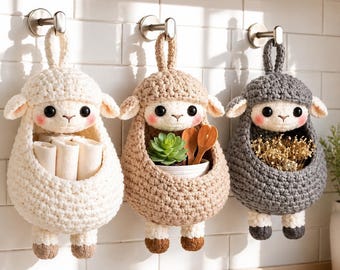 Crochet Sheep Wall Organizer Pattern PDF, Cute Lamb Hanging Pocket Crochet Pattern, Farm Animal Wall Storage Decor