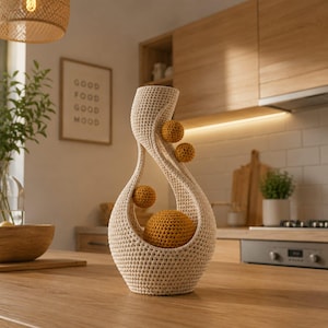 May include: A cream-colored, teardrop-shaped crochet sculpture with an open center. Inside the structure, four mustard-yellow crochet spheres of varying sizes are suspended, with the largest sphere resting at the base of the opening.