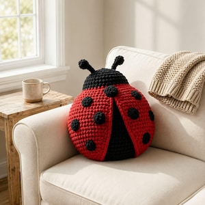 May include: A ladybug-shaped throw pillow crafted from red and black yarn. The pillow features a rounded body with black circular spots, a solid black head section, and two small antennae extending from the top of the head in a crochet texture.
