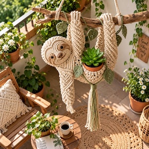 Puede incluir: Un colgador de plantas de macramé en forma de perezoso color crema suspendido de una rama de madera natural. El perezoso presenta intrincados patrones de nudos, ojos oscuros y una bolsa central que sostiene una suculenta verde en una maceta de terracota.