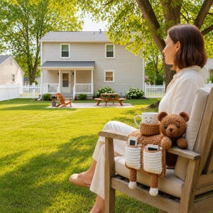 Puede incluir: Un oso de peluche de ganchillo marr&oacute;n y un organizador a juego con bolsillos y una taza con una cara sonriente est&aacute;n en una silla de madera. La escena est&aacute; ambientada al aire libre con una casa y un c&eacute;sped verde al fondo.