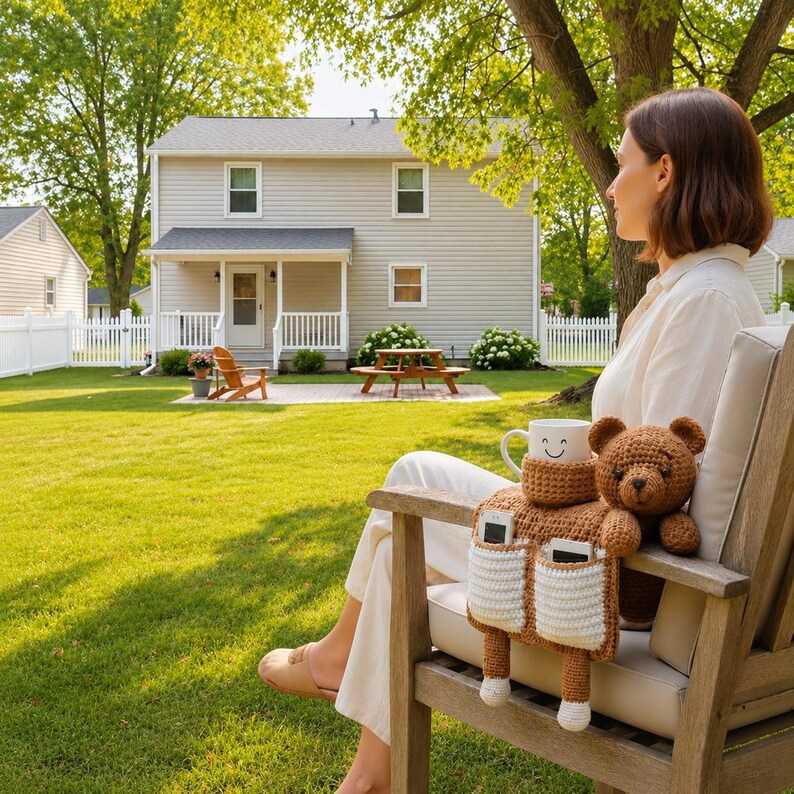 Puede incluir: Un oso de peluche de ganchillo marr&oacute;n y un organizador a juego con bolsillos y una taza con una cara sonriente est&aacute;n en una silla de madera. La escena est&aacute; ambientada al aire libre con una casa y un c&eacute;sped verde al fondo.