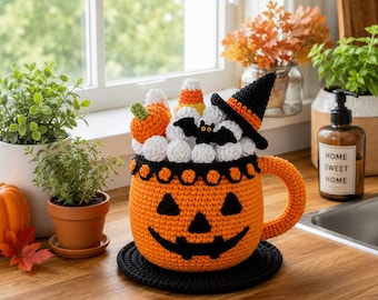 Halloween Pumpkin Mug Crochet Pattern PDF, Jack O Lantern Mug Cozy, Spooky Fall Decor, Witch Hat Mug, Digital Download